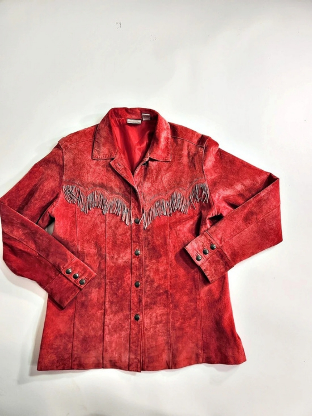 Chicos Womens Red Suede Leather Jacket Size 1 Fringe Western Coat 1C